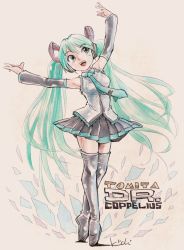 Rule 34 | 1girl, :d, aqua hair, armpits, arms up, artist name, bare shoulders, black thighhighs, boots, breaking, detached sleeves, frilled shirt, frills, green eyes, hands up, hatsune miku, headphones, kiichi, long hair, looking up, marker (medium), necktie, open mouth, pleated skirt, shirt, signature, skirt, sleeveless, sleeveless shirt, smile, solo, thigh boots, thighhighs, tiptoes, traditional media, twintails, very long hair, vocaloid, zettai ryouiki