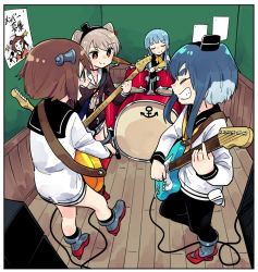 Rule 34 | 4girls, amatsukaze (kancolle), amplifier, anchor symbol, band, bass guitar, black legwear, black sailor collar, blouse, blue hair, blunt bangs, border, bright pupils, brown dress, brown hair, cable, cameo, closed eyes, closed mouth, commentary request, dress, drum, drum set, drumsticks, electric guitar, facing another, finger gun, fisheye, garter straps, grey footwear, guitar, hatsukaze (kancolle), headset, holding, holding instrument, indoors, instrument, kantai collection, lifebuoy, light blue hair, long hair, long sleeves, looking at another, multiple girls, music, naka (kancolle), neckerchief, open mouth, orange eyes, outstretched leg, platinum blonde hair, playing instrument, red footwear, room, rudder footwear, sailor collar, sailor dress, shirt, short dress, short hair, short hair with long locks, sidelocks, sideways mouth, sign, sitting, sleeve cuffs, socks, standing, straight hair, swim ring, thick eyebrows, tokitsukaze (kancolle), tonmoh, translation request, two side up, wall, white border, white pupils, white shirt, wooden floor, wooden wall, yellow neckerchief, yukikaze (kancolle)