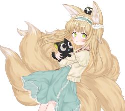 Rule 34 | 1girl, :o, absurdres, animal, animal ear fluff, animal ears, animal hug, arknights, black cat, blue hairband, blue skirt, blush, cat, crossover, eyes visible through hair, fox ears, fox girl, fox tail, frilled hairband, frills, from side, green eyes, hairband, heixiu, highres, jacket, kitsune, long sleeves, looking at viewer, looking to the side, luo xiaohei, neck ribbon, on head, parted lips, red ribbon, ribbon, rla13753, shirt, skirt, suzuran (arknights), suzuran (spring praise) (arknights), tail, luo xiaohei zhanji, white jacket, white shirt