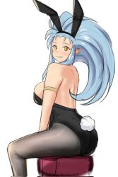 Rule 34 | 1girl, alternate costume, animal ears, armlet, ass, black leotard, blue hair, blush, breasts, fake animal ears, female focus, hairband, highleg, highleg leotard, highres, large breasts, leotard, long hair, looking at viewer, pantyhose, playboy bunny, pointy ears, rabbit ears, rabbit tail, ryouko (tenchi muyou!), sitting, smile, solo, spiked hair, strapless, strapless leotard, tail, tenchi muyou!, yellow eyes, yoo tenchi