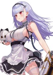 Rule 34 | 1girl, apron, azur lane, bare shoulders, black hairband, black skirt, blunt bangs, blush, breasts, closed mouth, clothing cutout, dido (azur lane), doll, earrings, frilled apron, frilled skirt, frills, hairband, highres, holding, holding doll, jewelry, large breasts, long hair, maid, pink eyes, serious, signature, silver hair, simple background, skindentation, skirt, sleeveless, solo, straight hair, thighhighs, ukimesato, underboob, underboob cutout, v-shaped eyebrows, waist apron, white apron, white background, white thighhighs