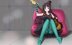Rule 34 | 00s, 1girl, akiyama mio, bad id, bad pixiv id, bass guitar, black eyes, black hair, blue pantyhose, blunt bangs, blush, couch, don&#039;t say &quot;lazy&quot;, dress, facepaint, feet, fingerless gloves, gloves, guitar, hat, highres, hime cut, indoors, instrument, k-on!, lipstick, long hair, makeup, mini hat, mini top hat, pantyhose, pillow, sitting, solo, souma nouma, striped, top hat, upskirt