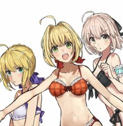 Rule 34 | &gt;:d, 10s, 3girls, :d, ahoge, arm garter, artoria pendragon (all), artoria pendragon (fate), bad id, bad twitter id, bikini, black bikini, blonde hair, blue eyes, braid, breasts, closed mouth, crown braid, dutch angle, eyes visible through hair, fate/extra, fate/grand order, fate/stay night, fate (series), frilled bikini, frills, front-tie bikini top, front-tie top, frown, green eyes, hair intakes, hair ribbon, jpeg artifacts, koha-ace, looking at viewer, medium breasts, multiple girls, navel, nero claudius (fate), nero claudius (fate) (all), nero claudius (fate/extra), official alternate costume, okita souji (fate), okita souji (koha-ace), open mouth, outstretched arms, pink hair, ribbon, saber (fate), side-tie bikini bottom, simple background, small breasts, smile, swimsuit, teshima nari, v-shaped eyebrows, white background, white bikini