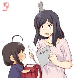 Rule 34 | 2girls, :3, aged down, ahoge, alternate costume, artist logo, backpack, bag, black hair, blue shirt, bow, braid, brown hair, child, closed eyes, collarbone, commentary request, dated, hair bow, hair ornament, hair over shoulder, highres, kanon (kurogane knights), kantai collection, multiple girls, open mouth, randoseru, red bow, red eyes, shigure (kancolle), shirt, short hair, short sleeves, simple background, single braid, smile, sweatdrop, translation request, upper body, white background, white shirt, yamashiro (kancolle)