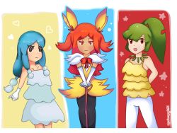 Rule 34 | 3girls, :d, bayleef, blue hair, border, braixen, brionne, closed mouth, collarbone, commentary, creatures (company), dress, game freak, gen 2 pokemon, gen 6 pokemon, gen 7 pokemon, gloves, green hair, holding, holding stick, jewelry, long hair, looking at viewer, mariamagic, multiple girls, necklace, nintendo, open mouth, orange hair, pants, personification, pokemon, ponytail, red eyes, shirt, sleeveless, sleeveless shirt, smile, star (symbol), stick, white border, white gloves, white pants, yellow shirt