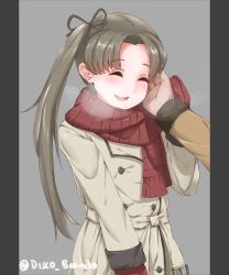 Rule 34 | 10s, 1girl, arm at side, ayanami (kancolle), black ribbon, blush, breath, brown hair, buttons, closed eyes, coat, commentary, disco brando, eyebrows, hair ribbon, hands on another&#039;s cheeks, hands on another&#039;s face, highres, kantai collection, mittens, open mouth, out of frame, parted bangs, red scarf, ribbon, scarf, side ponytail, simple background, solo focus, striped clothes, striped scarf, tongue, twitter username, vertical stripes, winter clothes, winter coat