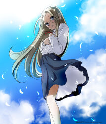 Rule 34 | 1girl, aged down, blonde hair, blue eyes, blue skirt, blue sky, cloud, commentary request, feathers, hands on own chest, hellsing, highres, integra hellsing, long hair, looking at viewer, medium skirt, skirt, sky, solo, toshimichi yukari