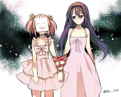 Rule 34 | 10s, 2girls, akemi homura, alternate universe, bad id, bad pixiv id, black hair, choker, crying, dress, earrings, hair ribbon, hairband, holding hands, interlocked fingers, jewelry, kaname madoka, long hair, looking at another, mahou shoujo madoka magica, mahou shoujo madoka magica: hangyaku no monogatari, multiple girls, pc (z yu), pink hair, purple eyes, red ribbon, ribbon, short hair, short twintails, signature, single earring, smile, smiley face, spoilers, twintails, white background, white dress, yellow ribbon