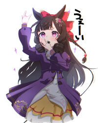 Rule 34 | 1girl, \m/, animal ears, ascot, bow, braid, brown hair, cheering, closed mouth, commentary request, cowboy shot, daiichi ruby (umamusume), double \m/, dress, drill hair, gem, hand on own chest, highres, holding, holding whistle, horse ears, horse girl, juliet sleeves, long hair, long sleeves, looking at viewer, puffy sleeves, purple dress, purple eyes, red ascot, red bow, red gemstone, ribbon, side drill, simple background, small-wso6-bell, solo, translation request, umamusume, upper body, very long hair, whistle, white background