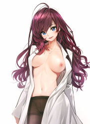 Rule 34 | 1girl, :3, absurdres, black pantyhose, blue eyes, blush, breasts, brown hair, cowboy shot, fpanda, gusset, highres, ichinose shiki, idolmaster, idolmaster cinderella girls, jewelry, lab coat, lab coat, large breasts, long hair, looking at viewer, medium breasts, naked labcoat, necklace, nipples, open clothes, open shirt, pantyhose, parted lips, purple hair, shirt, simple background, smile, solo, standing, thighband pantyhose, wavy hair, white background
