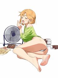 Rule 34 | 1girl, ass, bare legs, barefoot, book, cameltoe, chips (food), closed eyes, commentary request, electric fan, feet, food, full body, green shirt, hand up, highres, legs, light brown hair, lying, medium hair, no pants, off shoulder, on ground, on side, open mouth, original, panties, parted bangs, potato chips, sekoshi (some1else45), shirt, short sleeves, single bare shoulder, soles, solo, some1else45, teeth, thighs, toes, underwear, upper teeth only, white panties, yawning