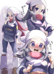 Rule 34 | 1girl, ?, akari (pokemon), blush, breath, brown footwear, chorimokki, commentary request, creatures (company), eyelashes, floating scarf, game freak, grey jacket, grey skirt, hand up, head scarf, highres, jacket, logo, looking at viewer, loose socks, multiple views, nintendo, open mouth, pantyhose, parted lips, pokemon, pokemon legends: arceus, red scarf, sash, scarf, shirt, shoes, skirt, socks, standing, sweat, teeth, tongue, translation request, white headwear, white pantyhose