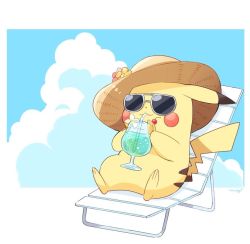 Rule 34 | :3, artist name, bad id, bad pixiv id, blue sky, blush stickers, brown hat, bubble, chair, cherry, closed mouth, clothed pokemon, cloud, creatures (company), cup, day, drink, drinking, drinking glass, drinking straw, flower, folding chair, food, fruit, full body, game freak, gen 1 pokemon, grey-framed eyewear, happy, hat, hat flower, holding, jpeg artifacts, mei (maysroom), nintendo, no humans, orange (fruit), orange slice, outdoors, pikachu, pokemon, pokemon (creature), red flower, signature, sitting, sky, smile, solo, sun hat, sunglasses, yellow flower