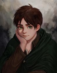 Rule 34 | 1boy, absurdres, capelet, collared jacket, ekit70, elbow rest, eren yeager, green capelet, green eyes, highres, jacket, male focus, paradis military uniform, parted bangs, portrait, shingeki no kyojin, short hair, smile, solo, thick eyebrows, undershirt, upper body
