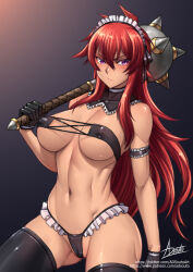 1girl adsouto apron armband black_gloves breasts covered_erect_nipples frilled_armband frilled_panties frills gloves gradient_background highres holding holding_mace holding_weapon large_breasts long_hair looking_at_viewer mace maid_apron navel over_shoulder panties purple_eyes queen&#039;s_blade red_hair risty_(queen&#039;s_blade) signature solo spiked_mace spikes thighhighs underwear weapon weapon_over_shoulder