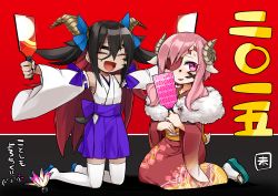 Rule 34 | 2girls, black hair, blush, closed eyes, drawing on another&#039;s face, horns, japanese clothes, kaida michi, kimono, long hair, multiple girls, open mouth, pink eyes, pink hair, smile