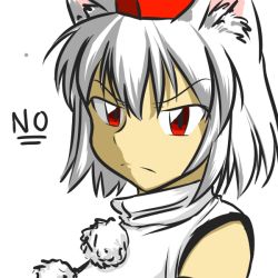 Rule 34 | 1girl, angry, animal ears, bare shoulders, bwsnowy, hat, inubashiri momiji, looking at viewer, pom pom (clothes), red eyes, short hair, silver hair, simple background, solo, tokin hat, touhou, white background, wolf ears