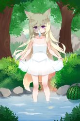 Rule 34 | 1girl, animal ears, bad id, bad pixiv id, blonde hair, clothes lift, dog ears, dog tail, dress, dress lift, flat chest, food, forest, fruit, ginka (gink a), hat, highres, lifted by self, lifting another&#039;s clothes, long hair, mouth hold, nature, original, outdoors, popsicle, purple eyes, solo, sundress, tail, tree, wading, water, watermelon, white dress