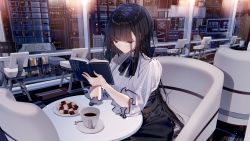 Rule 34 | 1girl, atha (leejuiping), black hair, book, breasts, cafe, chair, commentary request, cookie, cup, eyelashes, food, highres, hime cut, long hair, open book, original, purple eyes, reading, saucer, sitting, skirt, table, very long hair