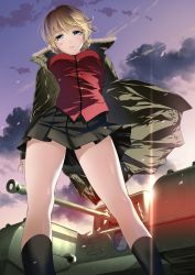 Rule 34 | 10s, 1girl, black skirt, blonde hair, blue eyes, braid, churchill (tank), cloud, coat, darjeeling (girls und panzer), from below, fur-trimmed coat, fur trim, girls und panzer, highres, jacket, legs, light smile, lips, looking at viewer, military, military jacket, military vehicle, motor vehicle, parted lips, pleated skirt, short hair, skirt, sky, smile, solo, tank, thighs, toshi (pixiv6514)