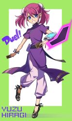 Rule 34 | 1girl, :d, blue eyes, card, character name, chinese clothes, dress, duel disk, full body, hair between eyes, hiiragi yuzu, holding, holding card, looking at viewer, open mouth, pants, pink hair, pira 811, purple dress, simple background, smile, solo, twintails, yu-gi-oh!, yu-gi-oh! arc-v