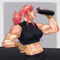 1girl abs alternate_muscle_size bottle closed_eyes drinking hand_wraps hololive hololive_english iskaydi leaning mori_calliope muscular muscular_female pink_hair ponytail signature solo sweat turtleneck virtual_youtuber water_bottle