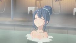 Rule 34 | animated, bath, blue hair, breasts, highres, nipples, nude, nude filter, onsen, purple eyes, screencap, shima rin, small breasts, third-party edit, video, yurucamp