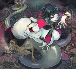 Rule 34 | 1girl, ass, bad id, bad pixiv id, bent over, blue skin, bracelet, breasts, character request, cleavage, colored skin, corpse, f.s., fingernails, jewelry, lamia, lipstick, long hair, looking at viewer, looking up, makeup, monster collection, monster girl, multicolored hair, pointy ears, purple eyes, scales, skull, slit pupils, smirk, steam, thong, two-tone hair
