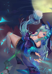 Rule 34 | 1girl, aoandon, bare legs, bare shoulders, beads, blue eyes, blue hair, blue lips, breasts, bug, butterfly, cleavage, eyeshadow, fingerless gloves, flying, from above, full body, gloves, hair beads, hair ornament, insect, japanese clothes, lipstick, lirunl, long hair, looking at viewer, low-tied long hair, makeup, medium breasts, moon, nail polish, no bra, off shoulder, onmyoji, pleated skirt, sitting, skirt, solo, staff, very long hair