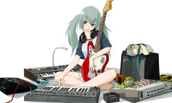 Rule 34 | 1girl, amplifier, anko (pixiv249614), anko anko, aqua eyes, aqua hair, barefoot, cable, casual, female focus, fender (company), guitar, hatsune miku, headphones, instrument, long hair, microphone, mustang (guitar), simple background, sitting, solo, speaker, twintails, vocaloid
