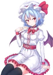 Rule 34 | 1girl, arm at side, bat wings, black thighhighs, blue hair, blush, bow, bowtie, breasts, center frills, choker, closed mouth, commentary, cowboy shot, cup, dress, eyelashes, frilled choker, frilled dress, frilled shirt collar, frilled sleeves, frills, hair ribbon, hat, head tilt, holding, holding cup, juliet sleeves, junior27016, long sleeves, looking at viewer, mob cap, pink eyes, pointy ears, puffy sleeves, purple wings, red bow, red bowtie, red ribbon, remilia scarlet, ribbon, sash, short hair, simple background, sitting, small breasts, smile, solo, tea, teacup, thighhighs, touhou, tsurime, white background, white dress, white hat, wings, zettai ryouiki