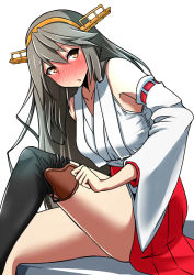 Rule 34 | 10s, 1girl, bad id, bad pixiv id, blush, brown eyes, commentary request, detached sleeves, dressing, grey hair, hairband, hakama, hakama skirt, haruna (kancolle), headgear, highres, japanese clothes, kantai collection, long hair, nontraditional miko, open mouth, shadow, simple background, sitting, skirt, solo, thighhighs, thighhighs pull, thighs, white background, wide sleeves, yoiyoi (kannkann100)