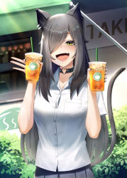 Rule 34 | 1girl, animal ears, black hair, black nails, black skirt, blush, breasts, bush, cat ears, cat girl, cat tail, choker, collared shirt, cup, disposable cup, drinking straw, ear bar, fang, food truck, hair over one eye, hands up, highres, holding, holding cup, long hair, looking at viewer, medium breasts, motsushi, nail polish, open mouth, original, outdoors, shirt, short sleeves, skin fang, skirt, smile, solo, tail, tongue, tongue out, upper body, white shirt, yellow eyes
