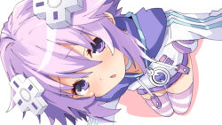 Rule 34 | 1girl, choker, commentary request, d-pad, d-pad hair ornament, hair between eyes, hair ornament, hood, hoodie, iwashi dorobou -r-, jacket, looking at viewer, neptune (neptunia), neptune (series), parka, purple eyes, purple footwear, purple hair, short hair, smile, solo, striped clothes, striped thighhighs, thighhighs, white choker