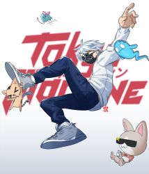 Rule 34 | 1boy, character name, commentary, english commentary, floating, highres, looking at viewer, male focus, mask, mouth mask, open hand, real life, shoes, sneakers, snowcie, solo focus, sunglasses, tokyo machine, white hair