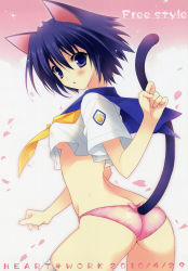 Rule 34 | 1girl, absurdres, animal ears, ass, black hair, blush, breasts, cat ears, cat tail, flapper shirt, highres, no bra, open mouth, panties, petals, pink panties, purple eyes, shirt, short hair, sideboob, small breasts, solo, suzuhira hiro, tail, tail hole, thighhighs, underwear