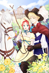 Rule 34 | 1boy, 1girl, :o, black gloves, black headwear, blonde hair, blue ribbon, boots, building, cape, carrot, day, dress, elbow gloves, feet out of frame, flower, gloves, green eyes, hat feather, hetero, highres, holding, holding stick, horse, horseback riding, knee boots, long sleeves, magek, mouth hold, original, outdoors, red cape, red hair, ribbon, riding, saddle, short sleeves, sidesaddle, stick, yellow dress, yellow flower