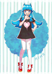 Rule 34 | 10s, 1girl, alternate hairstyle, black shirt, blue eyes, blue hair, blush, casual, character name, dress, english text, eyelashes, fashion, female focus, full body, happinesscharge precure!, heart, horns, kagami chihiro, long hair, looking at viewer, matching hair/eyes, precure, red footwear, shirayuki hime, shirt, shoes, solo, standing, white background