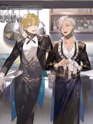 Rule 34 | 2boys, arm support, black jacket, black pants, black vest, blonde hair, blue eyes, bottle, collared shirt, cup, dark-skinned male, dark skin, drinking glass, earrings, ex albio, formal, frying pan, gloves, highres, holding, holding cup, holding tray, ibrahim (nijisanji), indoors, jacket, jewelry, looking at another, male focus, multiple boys, nijisanji, open mouth, pants, serita jon, shirt, short hair, smile, standing, suit, tailcoat, tray, vest, virtual youtuber, white gloves, white shirt, wine glass