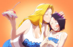 Rule 34 | 1boy, 1girl, bare arms, black hair, bleach, blonde hair, breasts, cake, cleavage, closed eyes, collar, collarbone, food, fork, gairon, hand in another&#039;s hair, hand in own hair, hand on another&#039;s head, hand up, happy, height difference, hetero, huge breasts, kiss, large breasts, leaning forward, lipstick, lipstick mark, long hair, looking at another, makeup, matsumoto rangiku, mole, mole under mouth, one eye closed, open mouth, orange background, plate, saucer, short hair, shorts, simple background, smile, tank top, teeth, tongue, trap, upper body, yamada hanatarou