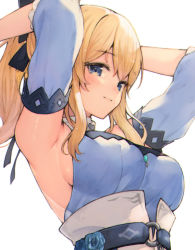 Rule 34 | 1girl, armpits, arms up, bad id, bad pixiv id, belt, black bow, blonde hair, blue eyes, blue flower, blue rose, blue shirt, blush, bow, breasts, closed mouth, commentary request, detached sleeves, flower, genshin impact, hair bow, jean (genshin impact), jean (sea breeze dandelion) (genshin impact), koretsuki azuma, long hair, looking at viewer, medium breasts, ponytail, rose, shirt, sideboob, sidelocks, sleeves past elbows, smile, solo, upper body