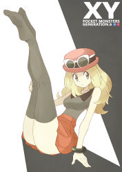 Rule 34 | 10s, 1girl, bad id, bad pixiv id, black thighhighs, blonde hair, bracelet, copyright name, creatures (company), eyewear on head, full body, game freak, grey eyes, hat, highres, jewelry, legs up, long hair, looking at viewer, nintendo, no shoes, official style, plantar flexion, pleated skirt, pokemon, pokemon xy, serena (pokemon), shigino sohuzi, skirt, sleeveless, solo, sunglasses, thighhighs
