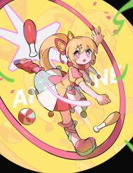 Rule 34 | 1girl, :o, absurdres, asymmetrical footwear, ball, blonde hair, cross-shaped pupils, hair ornament, hair ribbon, hairclip, highres, leg up, mismatched footwear, morizo (morizoshop), multicolored clothes, multicolored skirt, open mouth, original, pink eyes, pink footwear, pink shirt, ponytail, puffy short sleeves, puffy sleeves, red footwear, red ribbon, ribbon, shirt, short sleeves, skirt, solo, symbol-shaped pupils, two-tone shirt, yellow shirt, zoom layer