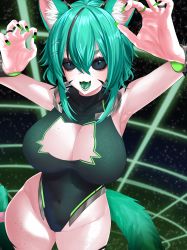 Rule 34 | 1girl, absurdres, animal ears, black eyes, black sclera, breasts, cat cutout, cat ears, cat girl, cat tail, cleavage, clothing cutout, colored sclera, colored tongue, freckles, green hair, green nails, green tongue, highres, huug, indie virtual youtuber, large breasts, leotard, momo (vtuber), nail polish, open mouth, second-party source, solo, star (symbol), starry background, tail, virtual youtuber