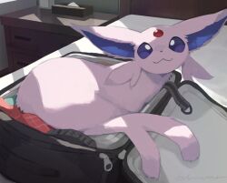 Rule 34 | :3, bed, black eyes, body fur, commentary, creatures (company), english commentary, espeon, forehead jewel, full body, game freak, gen 2 pokemon, indoors, looking at viewer, multiple tails, nagasaki wonderful, nintendo, pokemon, pokemon (creature), purple fur, suitcase, table, tail, two tails