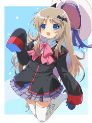 Rule 34 | 1girl, adapted costume, ahoge, akayama yukihe, bat hair ornament, beret, black jacket, blue eyes, blush, bow, commentary request, eyelashes, floating clothes, full body, grey hair, grey skirt, hair ornament, hand up, hat, highres, iowa (kancolle), jacket, jumping, little busters!, little busters! school uniform, long hair, looking at viewer, midair, miniskirt, noumi kudryavka, parted bangs, pink bow, plaid, plaid skirt, pleated skirt, school uniform, sidelocks, skirt, sleeves past fingers, sleeves past wrists, solo, spiked hair, thighhighs, unworn hat, unworn headwear, very long hair, white hat, white thighhighs