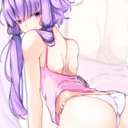 Rule 34 | 1girl, absurdres, ass, back, bare arms, bare back, bare shoulders, blush, commentary request, from behind, hair between eyes, hair ornament, hair over shoulder, highres, looking at viewer, nightgown, off shoulder, panties, pon (shind 997), purple eyes, purple hair, purple nightgown, short hair with long locks, solo, twintails, underwear, voiceroid, white panties, yuzuki yukari, zoom layer