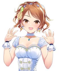 Rule 34 | 1girl, :d, blush, breasts, brown eyes, brown hair, choker, collarbone, dress, earrings, flower, hair flower, hair ornament, hojo karen, idolmaster, idolmaster cinderella girls, jewelry, looking at viewer, medium breasts, mk (mod0), nail polish, necklace, open mouth, pink nails, short hair, simple background, smile, solo, swept bangs, upper body, white background, white choker, white dress