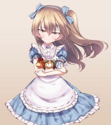 Rule 34 | 10s, 1girl, alice (alice in wonderland), alice (alice in wonderland) (cosplay), alice in wonderland, annotated, apron, azumi (girls und panzer), blue dress, blue ribbon, boko (girls und panzer), brown background, brown eyes, caterpillar (alice in wonderland), caterpillar (wonderland), caterpillar (wonderland) (cosplay), closed mouth, commentary, cosplay, dress, girls und panzer, hair ribbon, hairband, half-closed eyes, holding, light brown hair, light smile, long hair, looking at viewer, megumi (girls und panzer), mityubi, puffy short sleeves, puffy sleeves, queen of hearts (alice in wonderland), queen of hearts (cosplay), ribbon, rumi (girls und panzer), shimada arisu, short sleeves, side ponytail, simple background, solo, standing, stuffed animal, stuffed toy, teddy bear, white apron, white rabbit (alice in wonderland), white rabbit (cosplay)