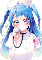 1girl absurdres ahoge blue_eyes blue_hair blush closed_mouth commentary_request hat heart highres hirogaru_sky!_precure holding holding_stethoscope long_hair looking_at_viewer nurse nurse_cap pixiv_username potacure precure shirt short_sleeves signature single_sidelock smile solo sora_harewataru stethoscope twitter_username two_side_up upper_body white_background white_hat white_shirt